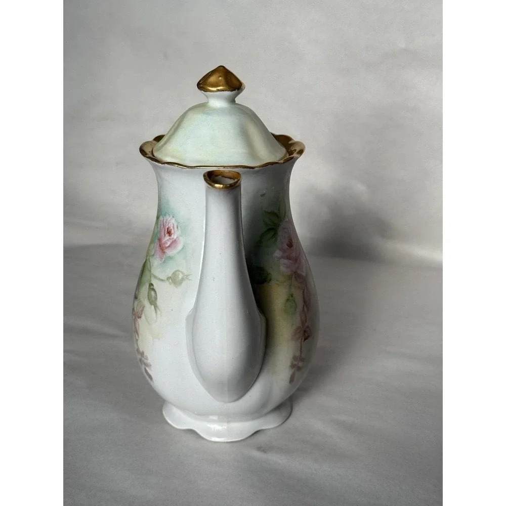 Antique Hand Painted Porcelain Coffee Tea Pot SIGNED E H Groff Roses Gold Gilt